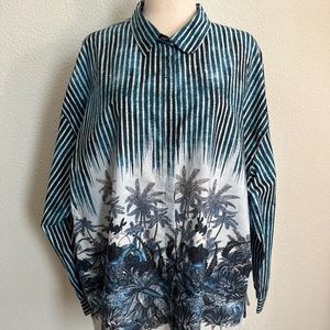 Striped Teal and White Button-Up Tropical Print Women's Top